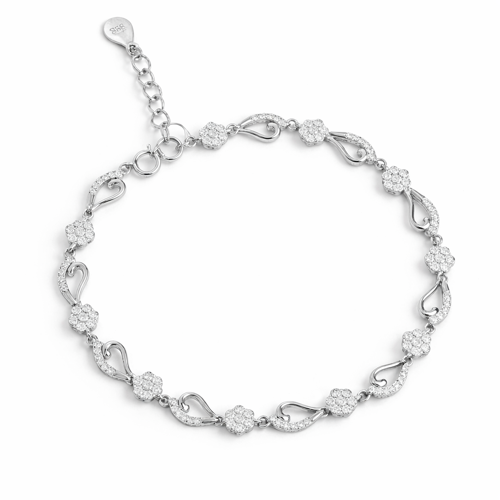 Wamikaa 925 Silver Floral Link Bracelet with CZ Stones.