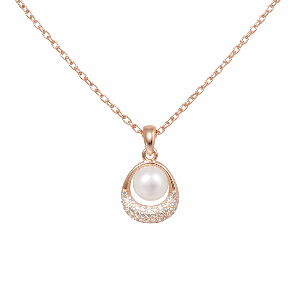 Wamikaa 925 Silver Rose Gold Pearl Necklace with CZ Curve