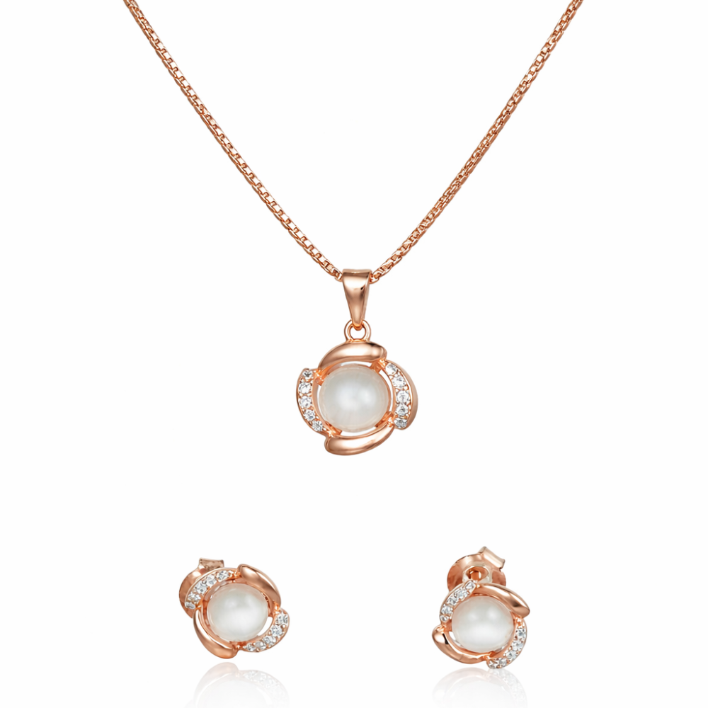 Wamikaa 925 Silver Rose Gold Pearl Necklace and Earrings Set