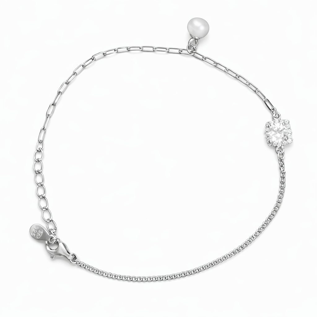 Wamikaa 925 Silver Pearl Charm Bracelet with CZ Accent.