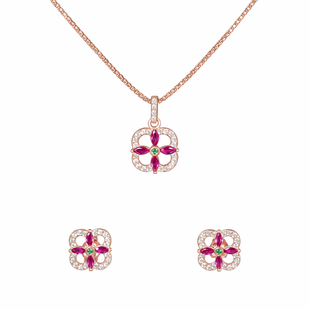 Wamikaa 925 Silver Floral Pendant Necklace & Earrings Set.